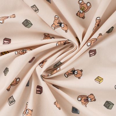Tissu Jersey Coton imprimé Cubes et petits oursons sur fond Beige - Par 10 cm
