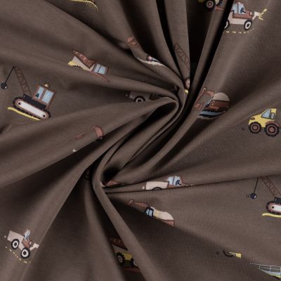 Tissu Jersey Coton imprimé Gabin engins chantier sur fond Marron - Par 10 cm