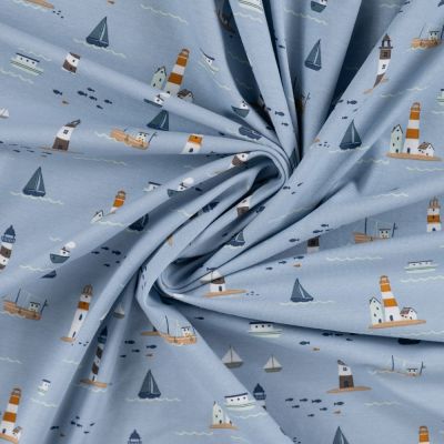 Tissu Jersey Coton imprimé Eliott phares et bateaux sur fond Bleu ciel - Par 10 cm