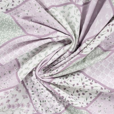 Tissu Popeline de Coton Camille patchwork végétal sur fond Lilas - Par 10 cm