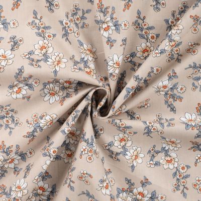 Tissu Popeline de Coton imprimé Fleurs Lisa sur fond Beige - Par 10 cm