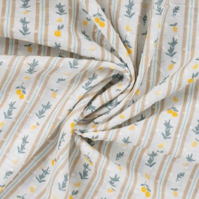 Tissu Voile de Coton Plumetis digital petits citrons rayé sur fond Blanc - Par 10 cm