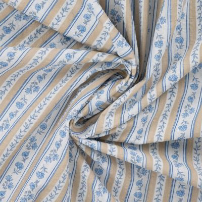 Tissu Seersucker Coton digital Rayures provençales Beige et Bleu sur fond Blanc - Par 10 cm