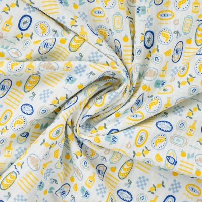 Tissu Seersucker Coton digital Iris esprit Méditerranéen sur fond Blanc - Par 10 cm