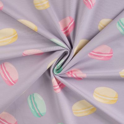 Tissu Jersey Coton envers gratté Marron jaune, rose et menthe sur fond Parme - Par 10 cm