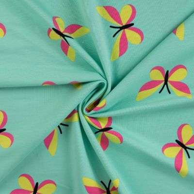 Tissu Jersey Coton envers gratté Papillon rose et vert anis sur fond Vert menthe - Par 10 cm