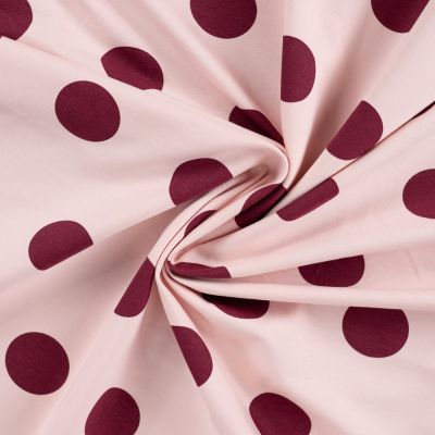 Tissu Sweat léger envers gratté pois Bordeaux sur fond Rose pâle - Par 10 cm