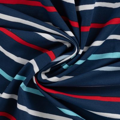 Tissu Sweat léger envers gratté Rayé Bleu, Blanc et Rouge sur fond Bleu marine - Par 10 cm