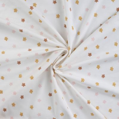 Tissu Jersey Coton Fleurs roses, taupes et or pailleté sur fond Blanc - Par 10 cm
