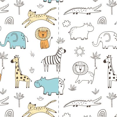 Tissu Jersey Coton magique Kim animaux savane sur fond Blanc - Par 10 cm