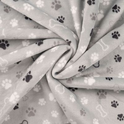Tissu Doudou imprimé Patte de chien et os sur fond Gris clair - Par 10 cm