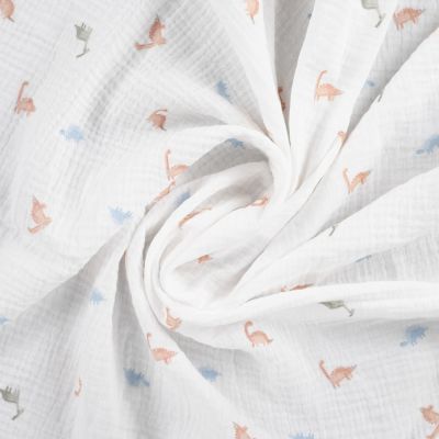 Tissu Double gaze de Coton Dinosaures sur fond Blanc cassé - Par 10 cm