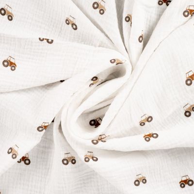 Tissu Double gaze de Coton Tracteurs sur fond Blanc cassé - Par 10 cm