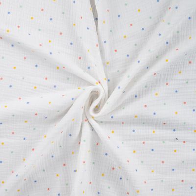 Tissu Double gaze de Coton Petits pois jaunes et bleus sur fond Blanc - Par 10 cm