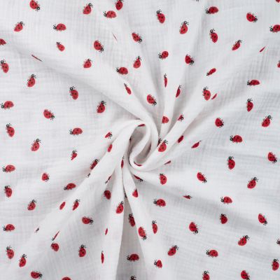 Tissu Double gaze de Coton Coccinelles rouges sur fond Blanc - Par 10 cm