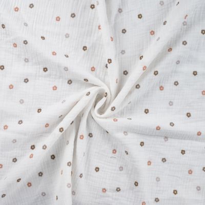 Tissu Double gaze de Coton Petites fleurs grises et marrons sur fond Blanc - Par 10 cm