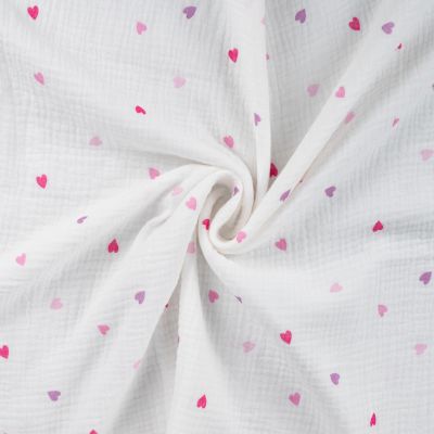 Tissu Double gaze de Coton Petites coeurs roses et parmes sur fond Blanc - Par 10 cm