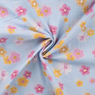 Tissu Double gaze de Coton Digital Fleurs roses et jaunes sur fond Bleu ciel - Par 10 cm