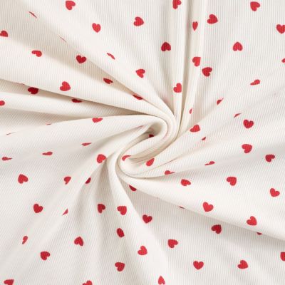 Tissu Jersey Coton Bord côte Coeurs rouges sur fond Ecru - Par 10 cm