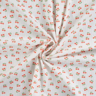 Tissu Jersey Coton ajouré Cerises sur fond Blanc - Par 10 cm