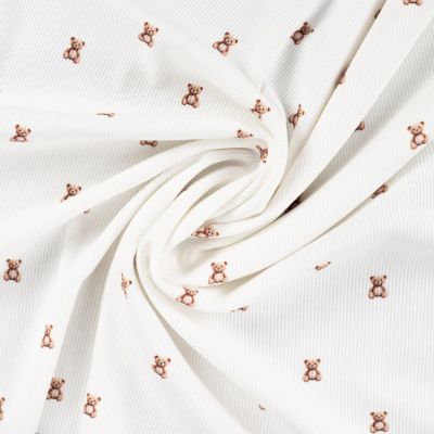 Tissu Jersey Coton Bord côte petits oursons Teddy sur fond Blanc - Par 10 cm