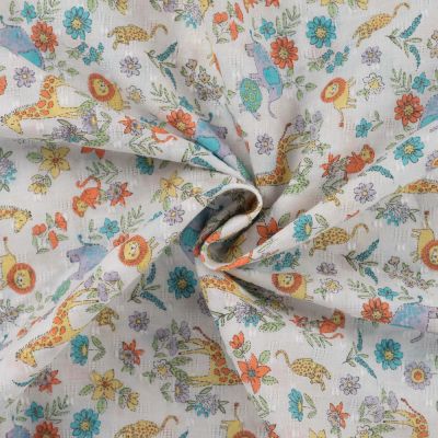 Tissu Voile Plumetis de Coton Animaux Jungle sur fond Blanc cassé - Par 10 cm
