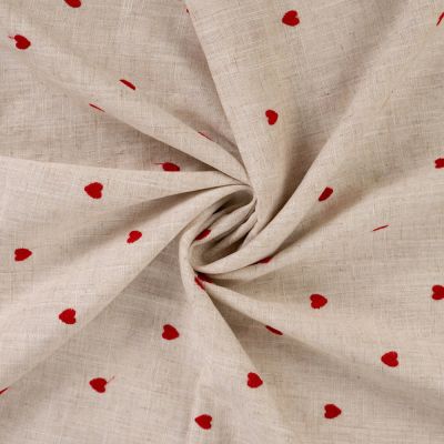 Tissu Lin Viscose Lina Petits coeurs rouges sur fond Beige chiné - Par 10 cm
