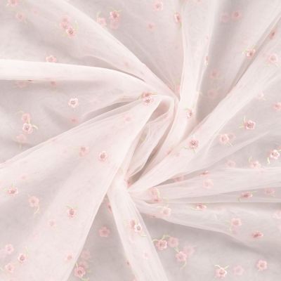 Tissu Tulle souple Mira fleurs Roses brodés sur fond Rose bébé - Par 10 cm