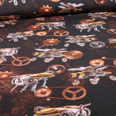 Tissu Jersey Coton French Terry Mécanicus sur fond Marron foncé - Par 10 cm