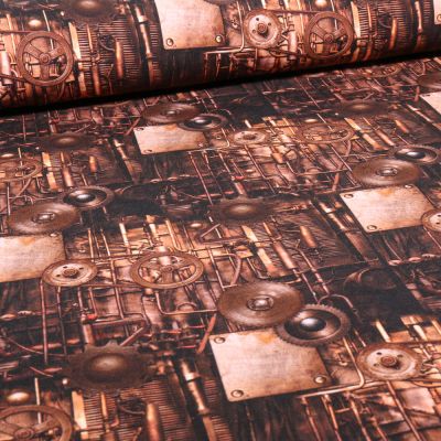 Tissu Jersey Coton French Terry Méca sur fond Marron - Par 10 cm