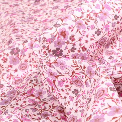Tissu Popeline de coton Sweet Flower Mathilde Rose sur fond Blanc - Par 10 cm