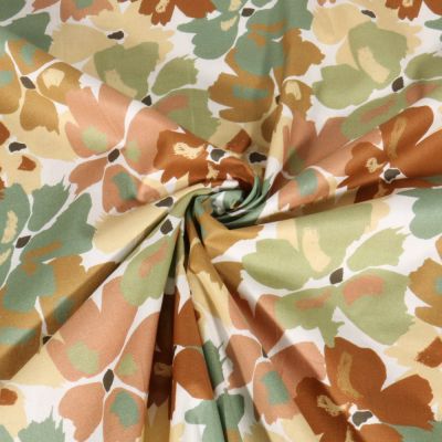 Tissu Voile de Coton digital Motif floral kaki sur fond Blanc - Par 10 cm