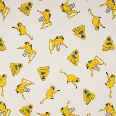 Tissu Jersey Coton Singes jaunes et oiseaux sur fond Blanc - Par 10 cm