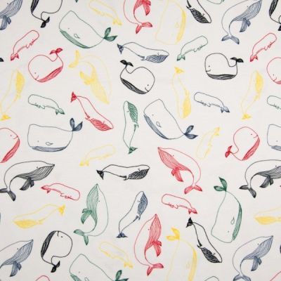 Tissu Jersey Coton Baleines Multicolores sur fond Blanc - Par 10 cm