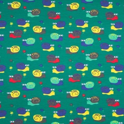 Tissu Jersey Coton Escargots sur fond Vert - Par 10 cm
