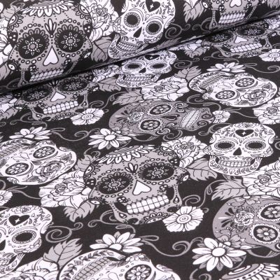 Tissu Jersey Coton Tête de morts et rose sur fond Noir - Par 10 cm