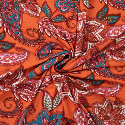 Tissu Jersey Viscose Kasmira Floral  Bohème sur fond Orange - Par 10 cm