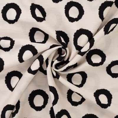 Tissu Viscose texturé Cercles Blanc et Noir sur fond Ecru - Par 10 cm