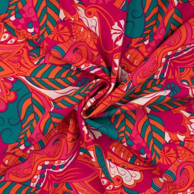 Tissu Viscose Chally Motifs abstraits sur fond Rose fuchsia - Par 10 cm