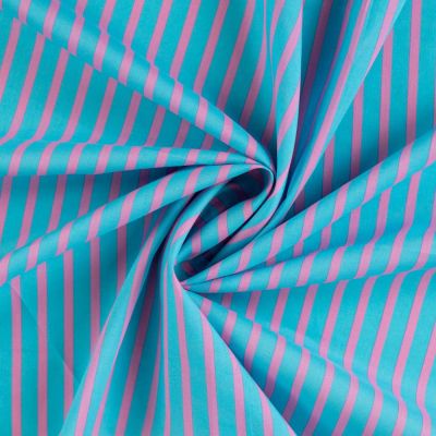 Tissu Voile de Coton Rayuré Rose sur fond Bleu turquoise - Par 10 cm