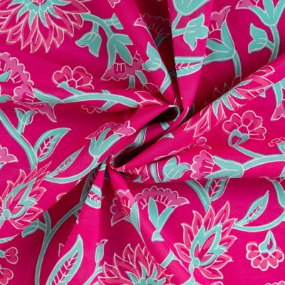 Tissu Voile de Coton Floral Jaipur sur fond Rose fuchsia - Par 10 cm