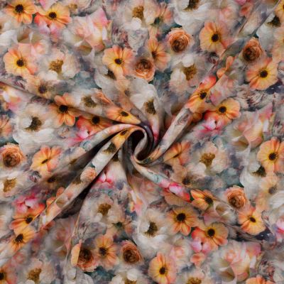Tissu Lin Viscose impression fleuris orangé et vert sur fond Bleu ancien - Par 10 cm