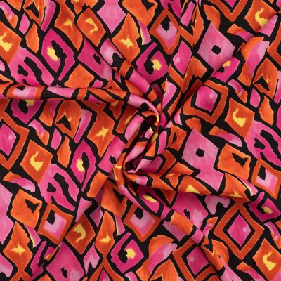 Tissu Viscose satiné Carreaux retro fuschia sur fond Noir - Par 10 cm