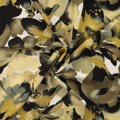Tissu Viscose satiné Grandes fleurs aquarelles kaki sur fond Blanc - Par 10 cm