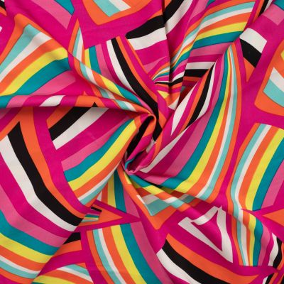 Tissu Viscose satiné Op art sur fond Rose fuchsia - Par 10 cm