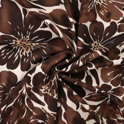 Tissu Viscose imprimé Fleurs marron sur fond Ecru - Par 10 cm
