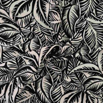Tissu Rayonne Viscose extensible Anaya feuilles Noir sur fond Ecru - Par 10 cm