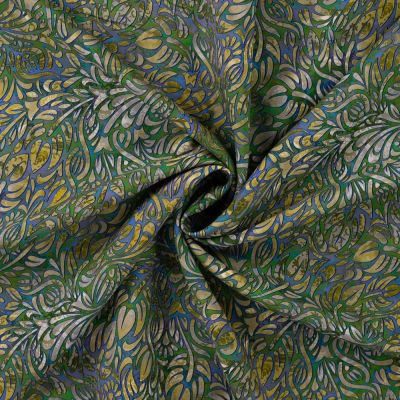Tissu Voile de Tencel Lin Arabesques fleuries vertes sur fond Bleu - Par 10 cm