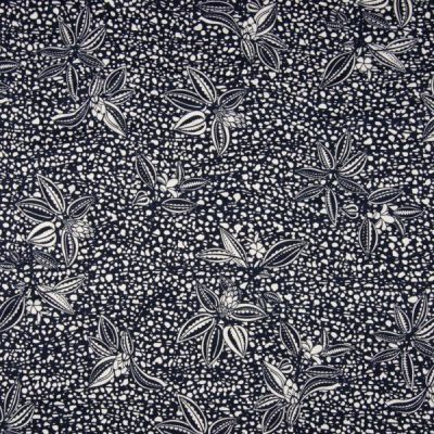 Tissu Jersey Viscose imprimé  Pois rayures et fleurs sur fond Bleu marine - Par 10 cm