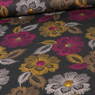 Tissu Jersey Viscose  Hibiss jaune sur fond Noir - Par 10 cm